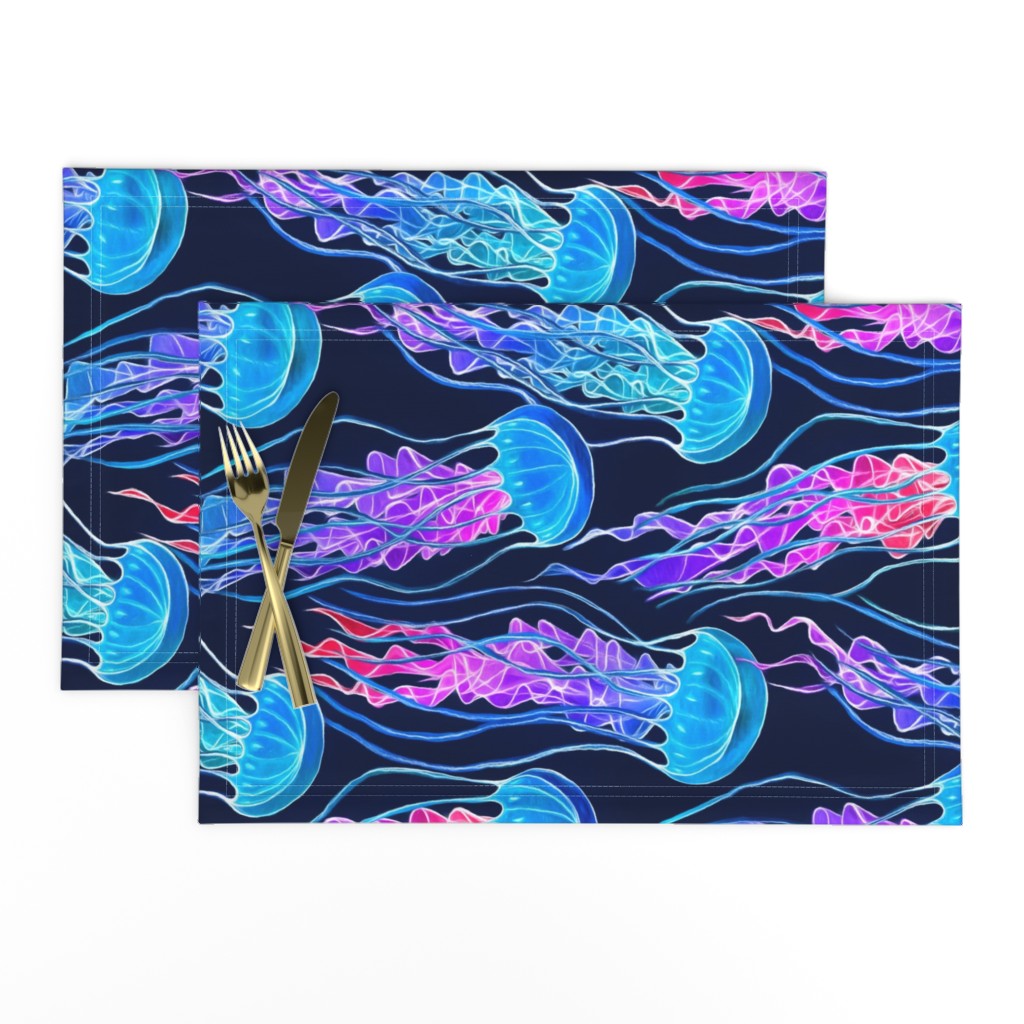 Luminescent Rainbow Jellyfish on Navy Blue - large, rotated