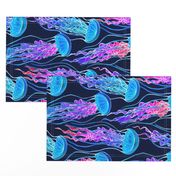 Luminescent Rainbow Jellyfish on Navy Blue - large, rotated