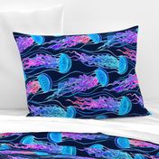 Luminescent Rainbow Jellyfish on Navy Blue - large, rotated