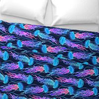 Luminescent Rainbow Jellyfish on Navy Blue - large, rotated