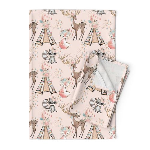 Light Blush pink forest friends deer racoon fox tent golden glitter