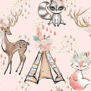 Light Blush pink forest friends deer racoon fox tent golden glitter