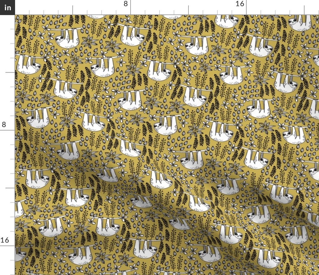 sloth fabric // sloth fabric by the yard, sloth fabric material, sloth fabric uk - cute sloth, sloths, jungle safari, kids nursery fabric - mustard