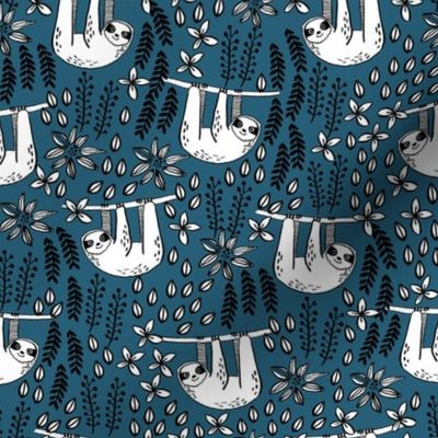 sloth fabric // sloth fabric by the yard, sloth fabric material, sloth fabric uk - cute sloth, sloths, jungle safari, kids nursery fabric - dark blue