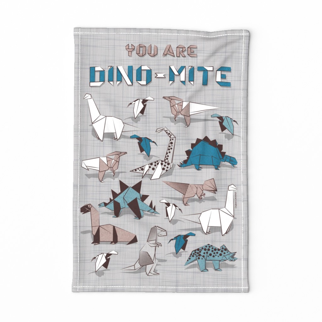 You are dino-mite punderful quote TEA TOWEL // grey linen texture background paper blue grey and white origami dinosaurs 