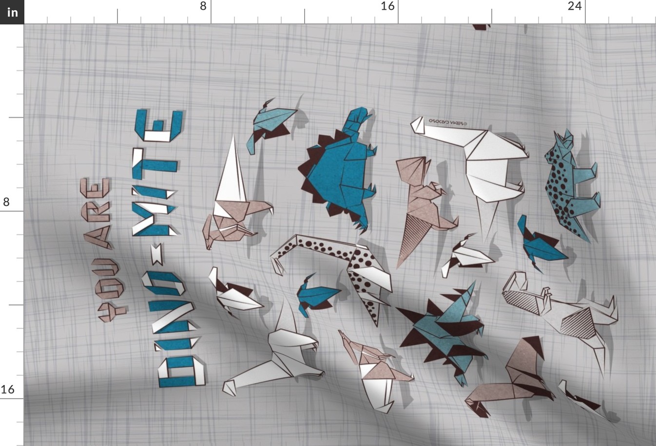 You are dino-mite punderful quote TEA TOWEL // grey linen texture background paper blue grey and white origami dinosaurs 