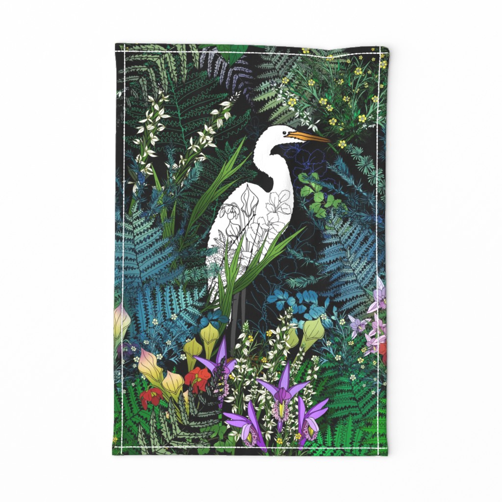 Egret in an Evening Water Garden Tea Towel