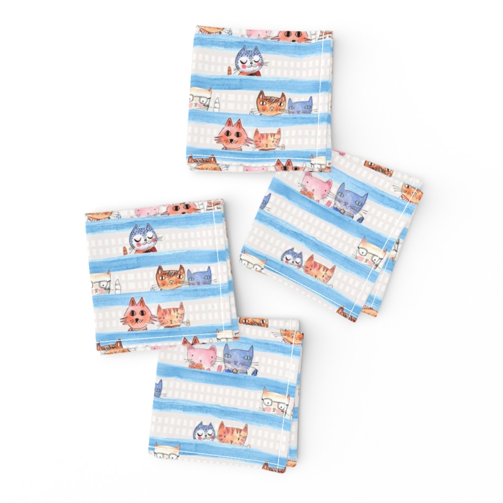 soft Kitty Cats bedtime baby Blue watercolor stripe