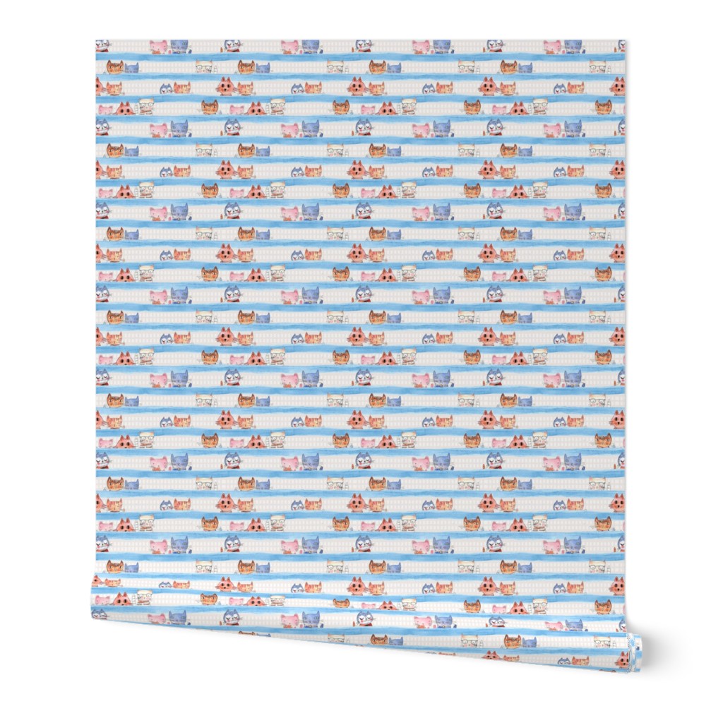 soft Kitty Cats bedtime baby Blue watercolor stripe