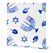(micro scale) Hanukkah - blue watercolor - menorah, dreidel, Star of David C18BS