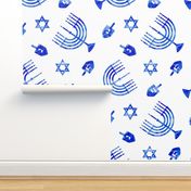 (micro scale) Hanukkah - blue watercolor - menorah, dreidel, Star of David C18BS