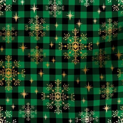 christmas fabric 2018, snowflake fabric, gold metallic fabric, christmas fabric for quilting, christmas fabric, holiday fabric, snowflake design - green and gold buffalo check