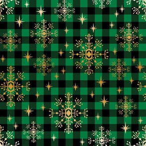 christmas fabric 2018, snowflake fabric, gold metallic fabric, christmas fabric for quilting, christmas fabric, holiday fabric, snowflake design - green and gold buffalo check