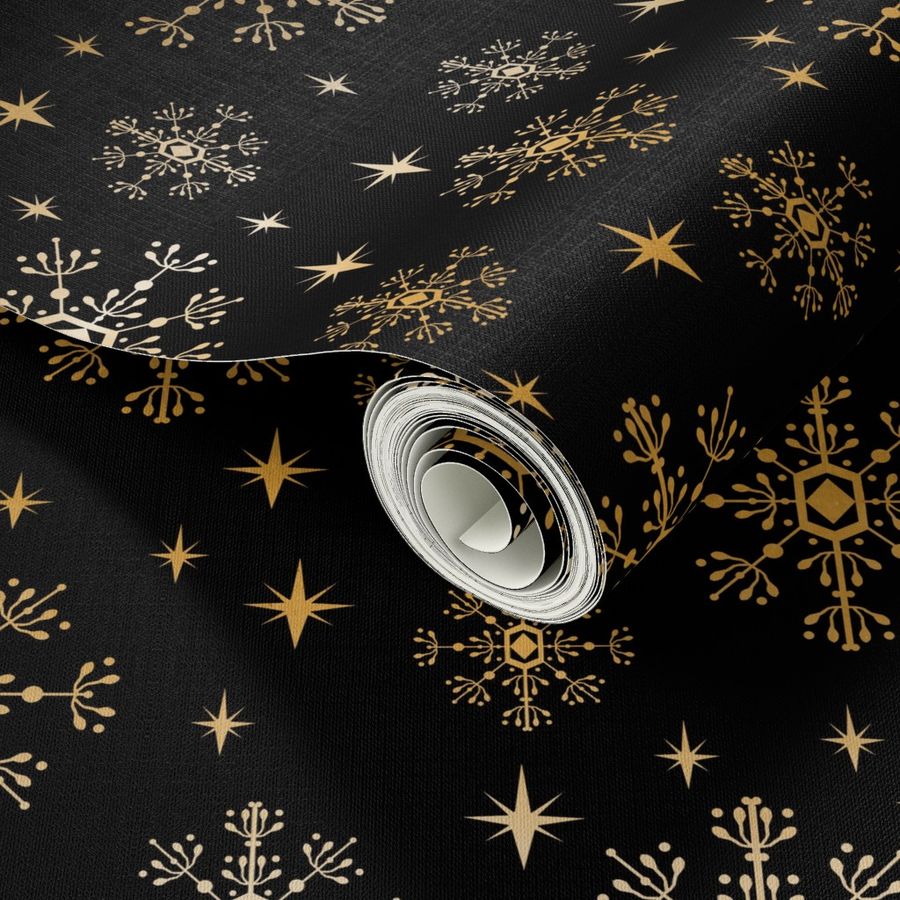 metallic look snowflake fabric, christmas fabric by the yard, christmas fabric 2018, christmas fabric for quilting, metallic christmas wrap, christmas gift wrap, wrapping paper, spoonflower christmas fabric - black and gold