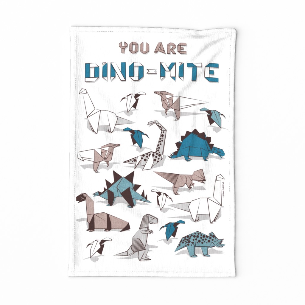 You are dino-mite punderful quote TEA TOWEL // white background paper blue grey and white origami dinosaurs 