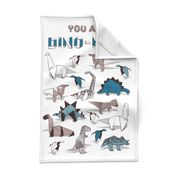 You are dino-mite punderful quote TEA TOWEL // white background paper blue grey and white origami dinosaurs 