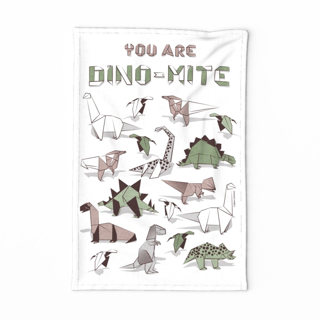 You are dino-mite punderful quote TEA TOWEL // white background paper green grey and white origami dinosaurs 