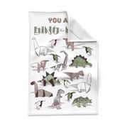 You are dino-mite punderful quote TEA TOWEL // white background paper green grey and white origami dinosaurs 