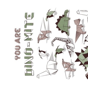 You are dino-mite punderful quote TEA TOWEL // white background paper green grey and white origami dinosaurs 