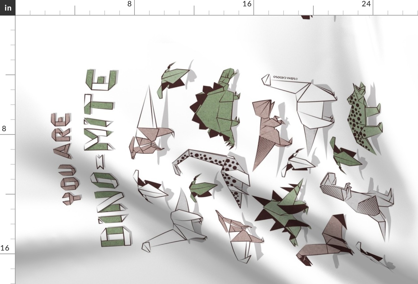 You are dino-mite punderful quote TEA TOWEL // white background paper green grey and white origami dinosaurs 