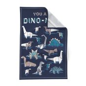 You are dino-mite punderful quote TEA TOWEL // oxford navy blue background paper blue grey and white origami dinosaurs 