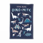 You are dino-mite punderful quote TEA TOWEL // oxford navy blue background paper blue grey and white origami dinosaurs 