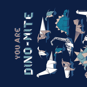 You are dino-mite punderful quote TEA TOWEL // oxford navy blue background paper blue grey and white origami dinosaurs 