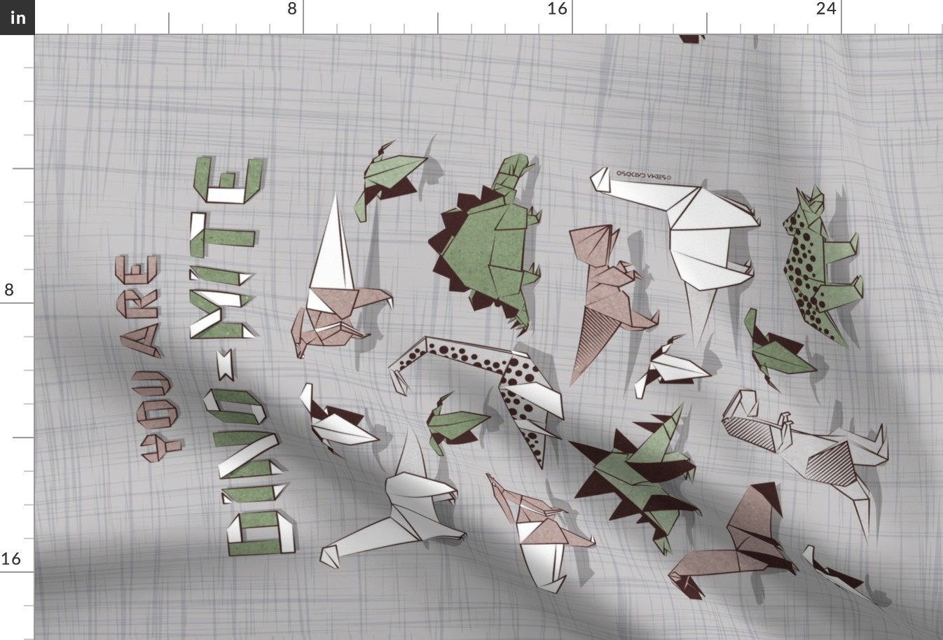 You are dino-mite punderful quote TEA TOWEL // grey linen texture background paper green grey and white origami dinosaurs 