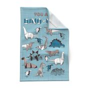 You are dino-mite punderful quote TEA TOWEL // blue linen texture background paper blue grey and white origami dinosaurs 