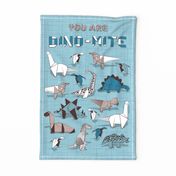 You are dino-mite punderful quote TEA TOWEL // blue linen texture background paper blue grey and white origami dinosaurs 