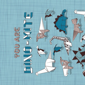 You are dino-mite punderful quote TEA TOWEL // blue linen texture background paper blue grey and white origami dinosaurs 