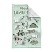 You are dino-mite punderful quote TEA TOWEL // green linen texture background paper green grey and white origami dinosaurs 