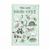 You are dino-mite punderful quote TEA TOWEL // green linen texture background paper green grey and white origami dinosaurs 