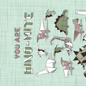 You are dino-mite punderful quote TEA TOWEL // green linen texture background paper green grey and white origami dinosaurs 