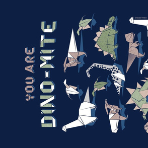 You are dino-mite punderful quote TEA TOWEL // oxford navy blue background paper green grey and white origami dinosaurs 