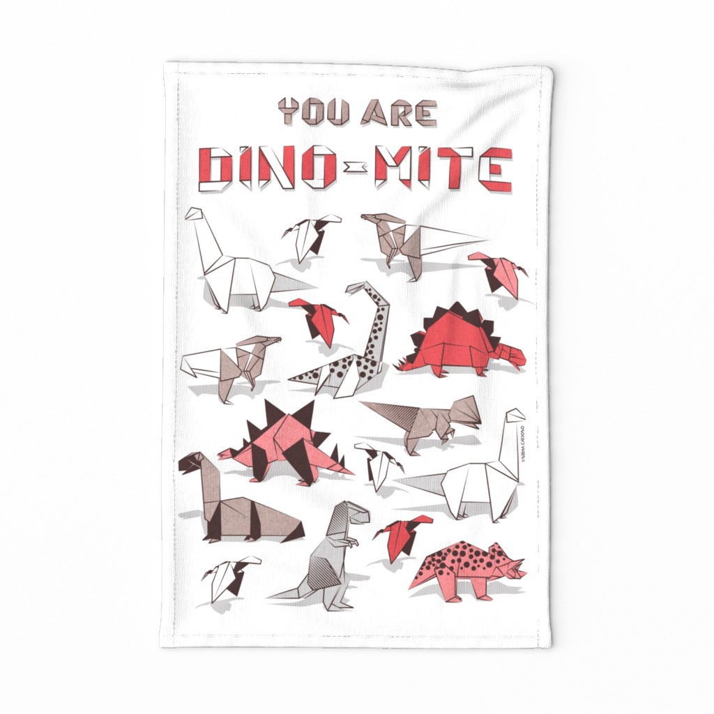 You are dino-mite punderful quote TEA TOWEL // white background paper red grey and white origami dinosaurs 