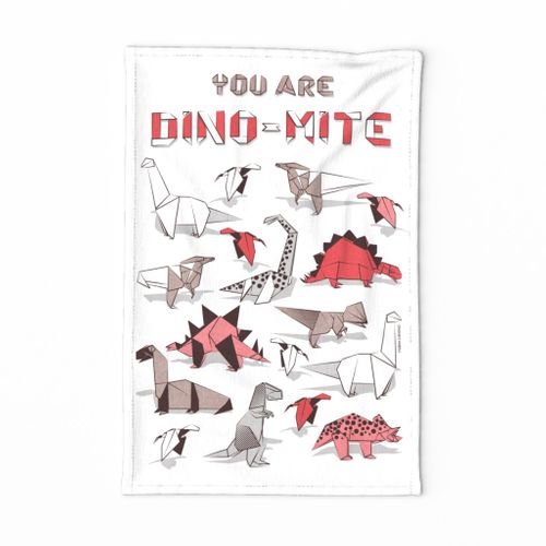 Fabric By The Yard You Are Dino Mite Punderful Quote Tea Towel White Background Paper Red Grey And White Origami Dinosaurs