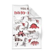 You are dino-mite punderful quote TEA TOWEL // white background paper red grey and white origami dinosaurs 