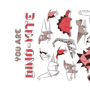 You are dino-mite punderful quote TEA TOWEL // white background paper red grey and white origami dinosaurs 