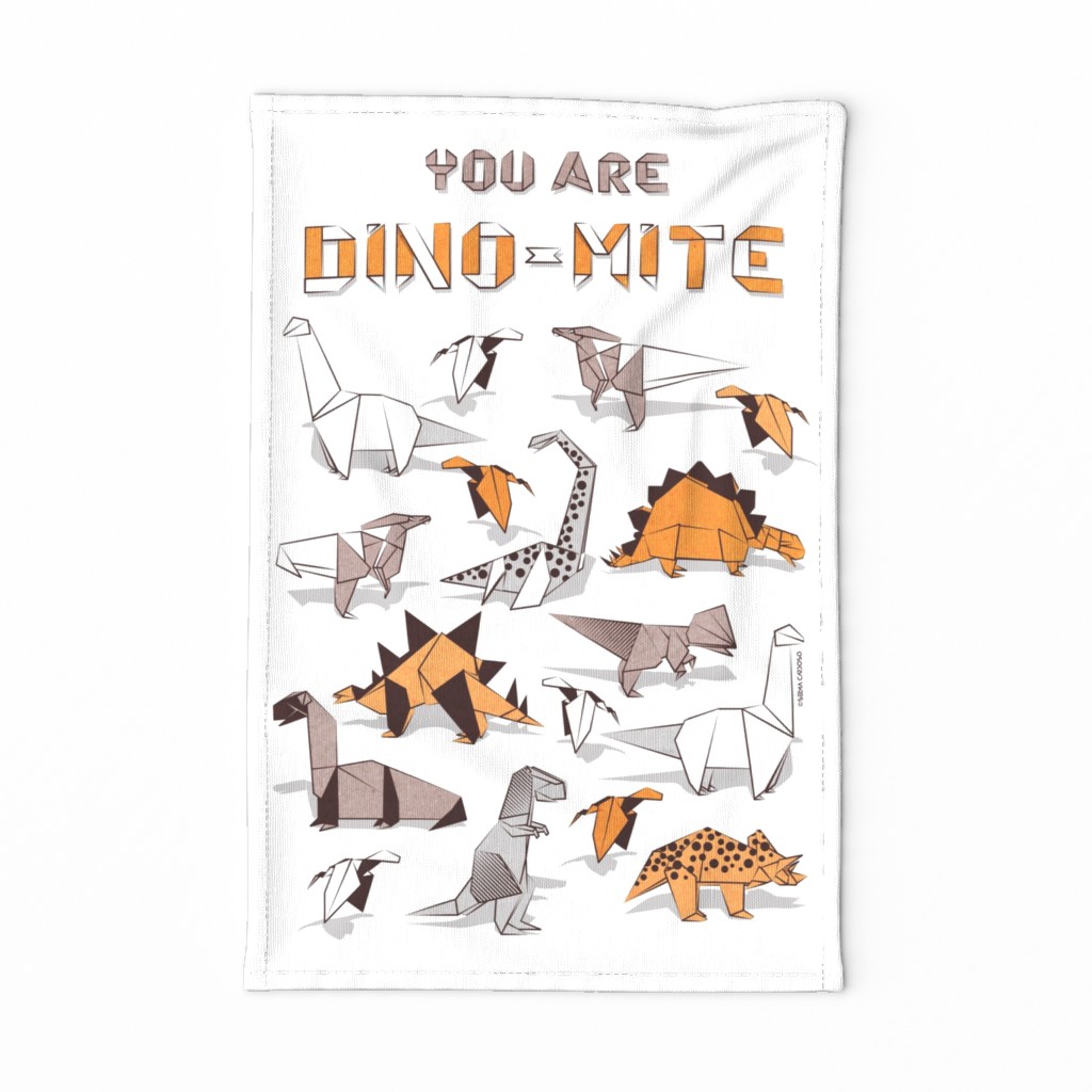 You are dino-mite punderful quote TEA TOWEL // white background paper orange grey and white origami dinosaurs 