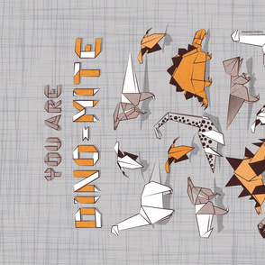 You are dino-mite punderful quote TEA TOWEL // grey linen texture background paper orange grey and white origami dinosaurs 