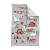 You are dino-mite punderful quote TEA TOWEL // grey linen texture background paper red grey and white origami dinosaurs 