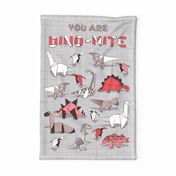 You are dino-mite punderful quote TEA TOWEL // grey linen texture background paper red grey and white origami dinosaurs 