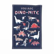 You are dino-mite punderful quote TEA TOWEL // oxford navy blue background paper red grey and white origami dinosaurs 