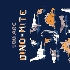 You are dino-mite punderful quote TEA TOWEL // oxford navy blue background paper orange grey and white origami dinosaurs 