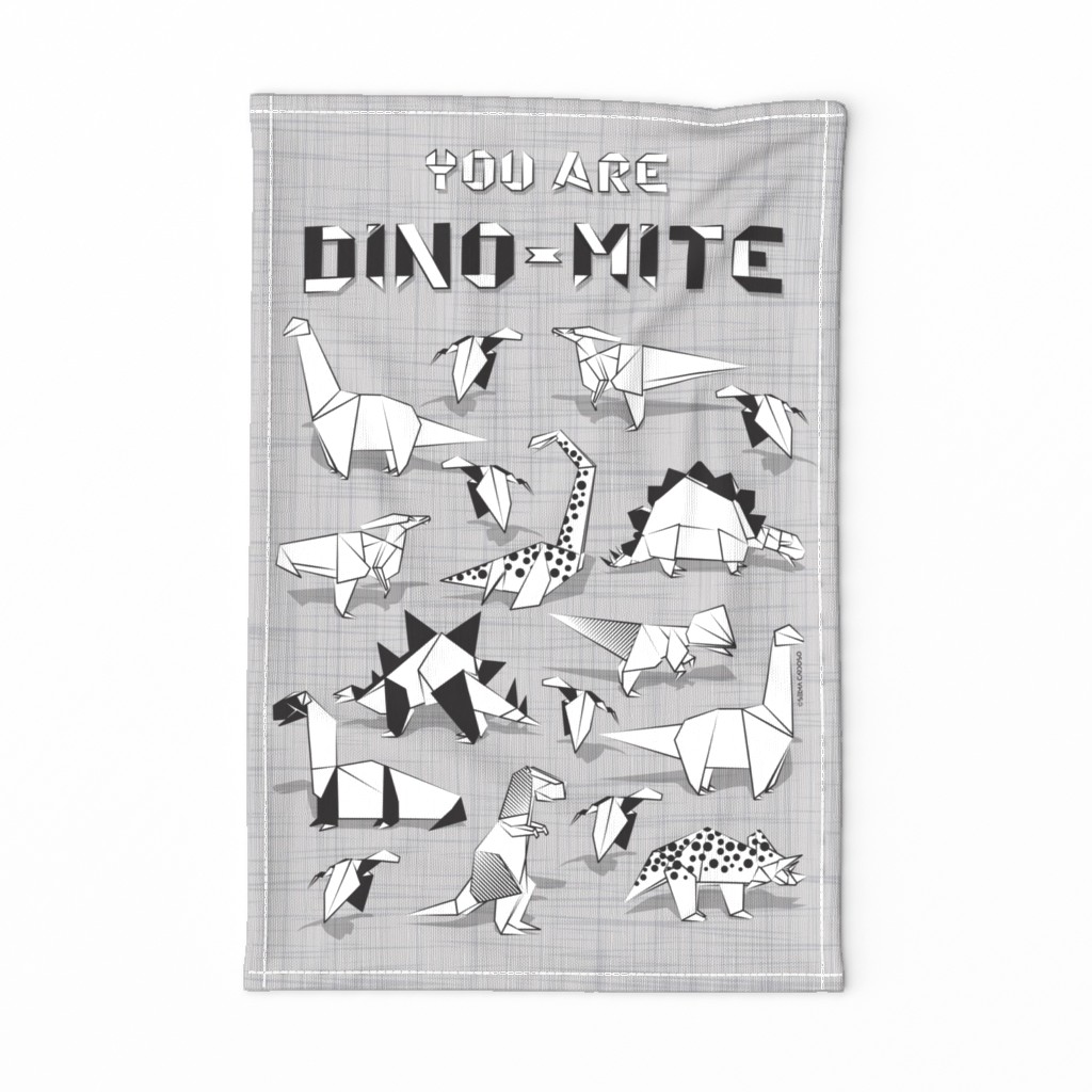 You are dino-mite punderful quote TEA TOWEL // grey linen texture background black and white paper origami dinosaurs 