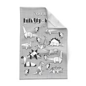 You are dino-mite punderful quote TEA TOWEL // grey linen texture background black and white paper origami dinosaurs 