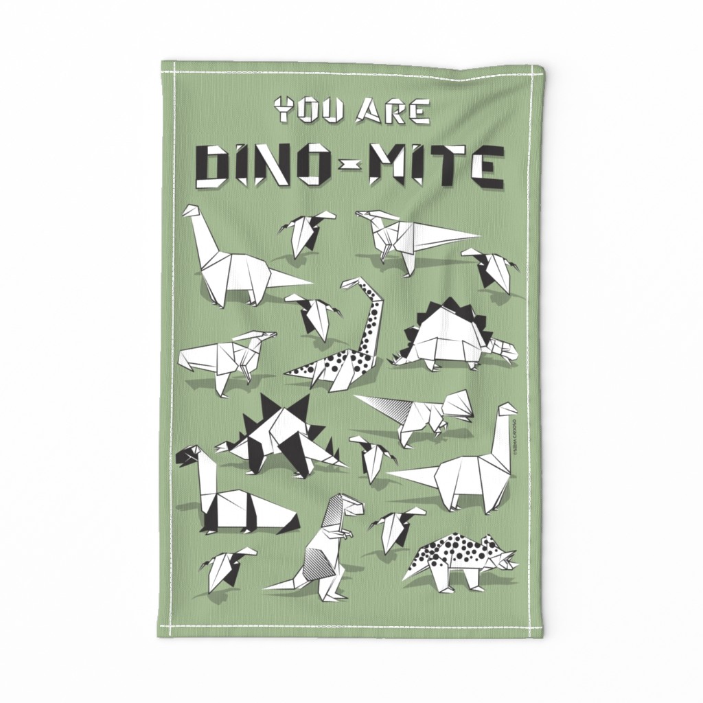 You are dino-mite punderful quote TEA TOWEL // green sage background black and white paper origami dinosaurs 