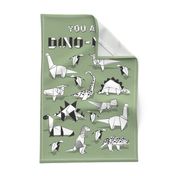 You are dino-mite punderful quote TEA TOWEL // green sage background black and white paper origami dinosaurs 