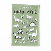 You are dino-mite punderful quote TEA TOWEL // green sage background black and white paper origami dinosaurs 